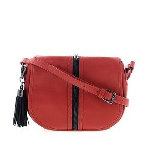 POVERTY FLATS by rian Red Leather Black Accents Crossbody Bag with Saddle Shape